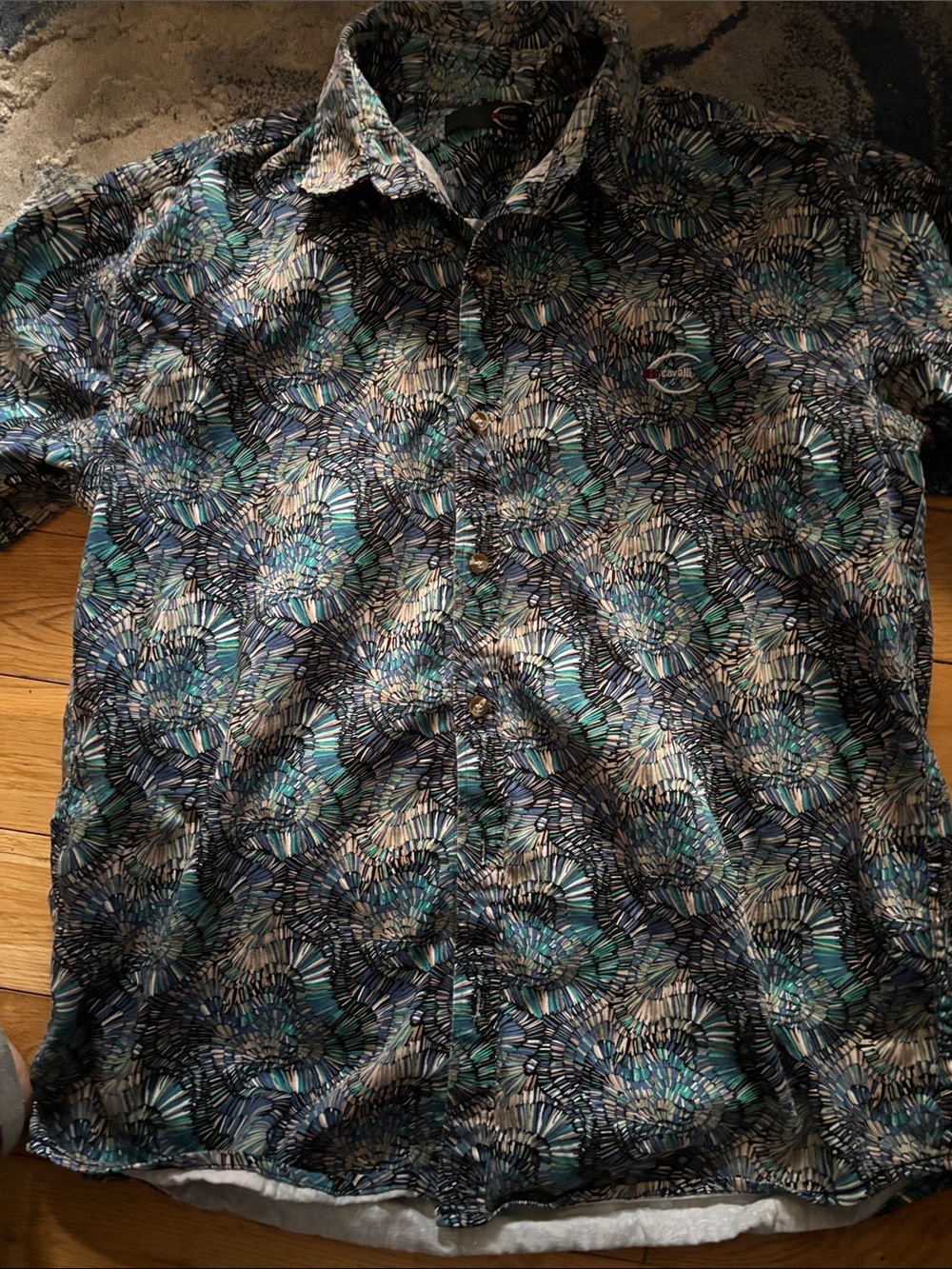 Just Cavalli Men's Short-Sleeve Button-Down Shirt - Blue Teal Black